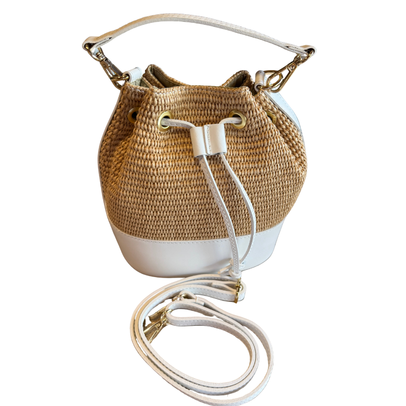 Sac à main bandoulière raphia garni cuir-Blanc