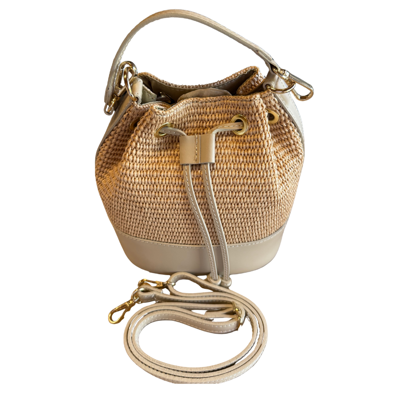 Sac à main bandoulière raphia garni cuir-Taupe