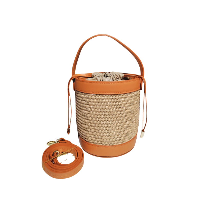 Sac à main bandoulière raphia garni cuir-Orange